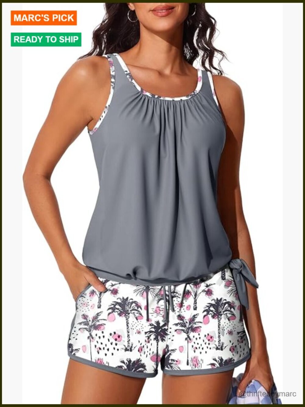 Blouson Tankini with Shorts Tummy Control Side Pockets Swimwear